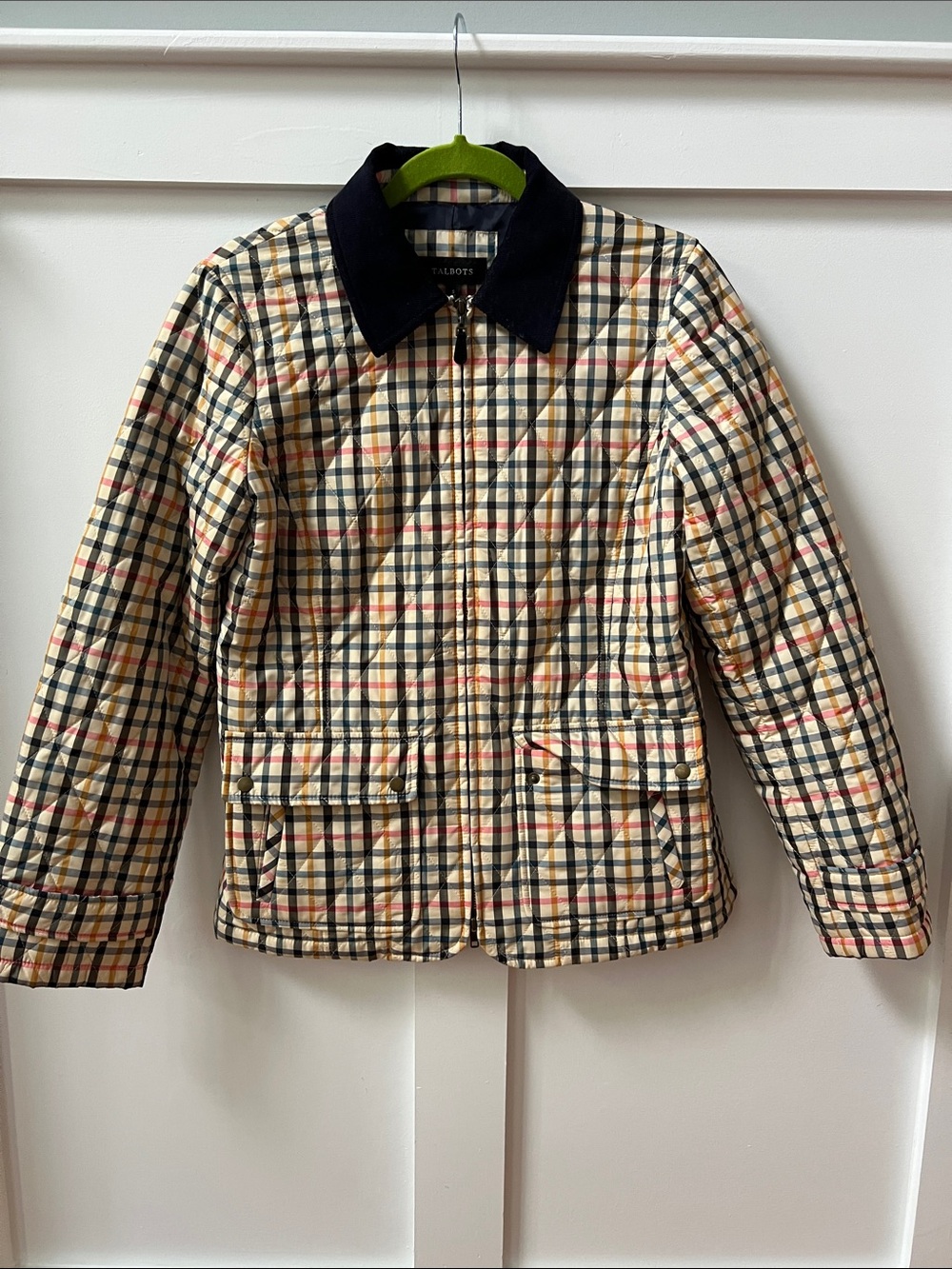 Talbots Quilted Plaid Jacket with Navy Collar - Cream, Black, Red